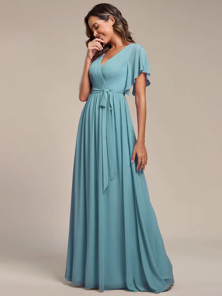 V-Neck Flutter Sleeve Floor-Length A-Line Chiffon Evening Dress