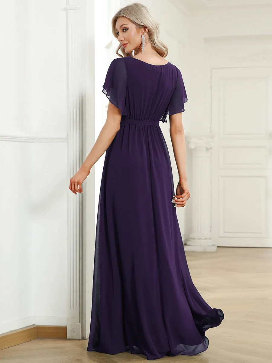 V-Neck Flutter Sleeve Floor-Length A-Line Chiffon Evening Dress
