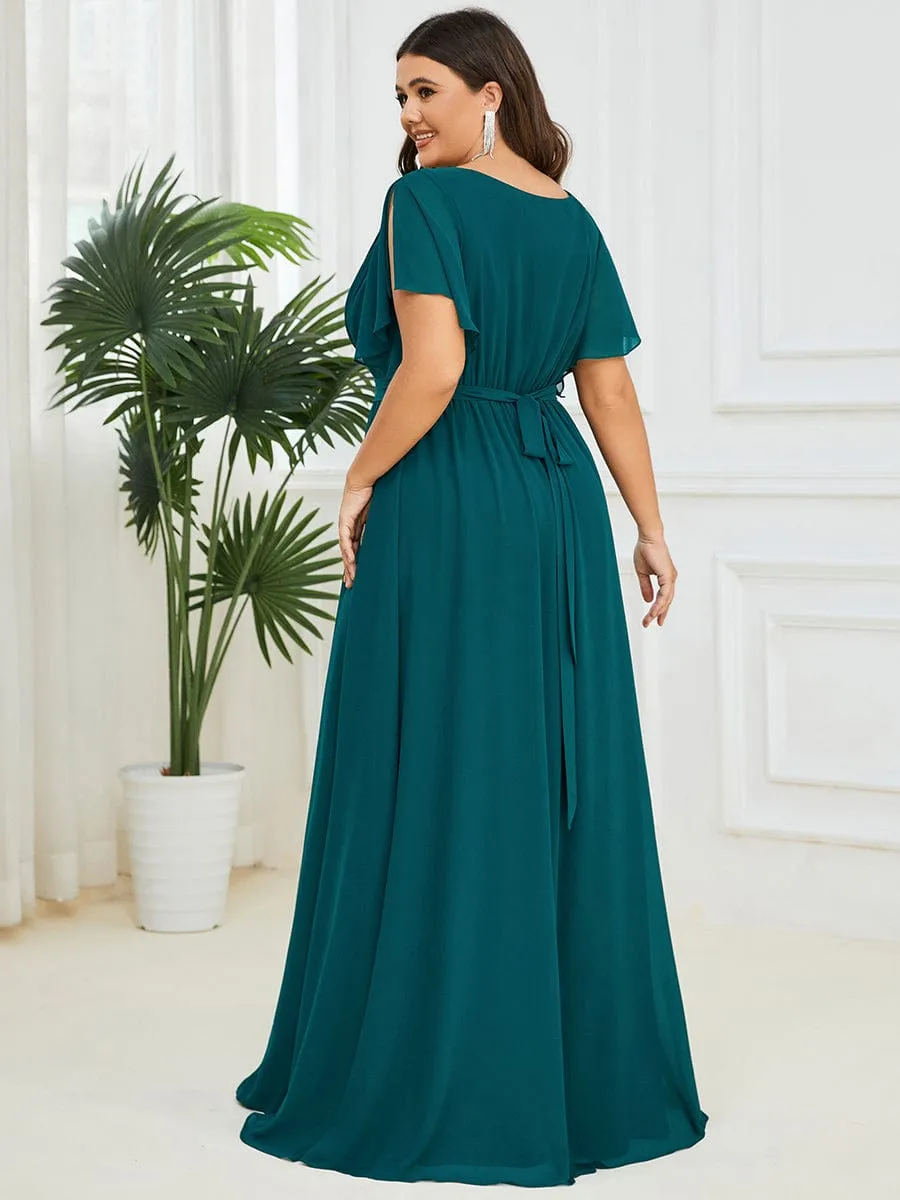 V-Neck Flutter Sleeve Floor-Length A-Line Chiffon Evening Dress