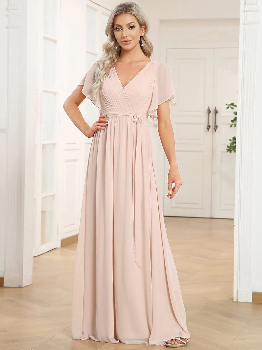 V-Neck Flutter Sleeve Floor-Length A-Line Chiffon Evening Dress
