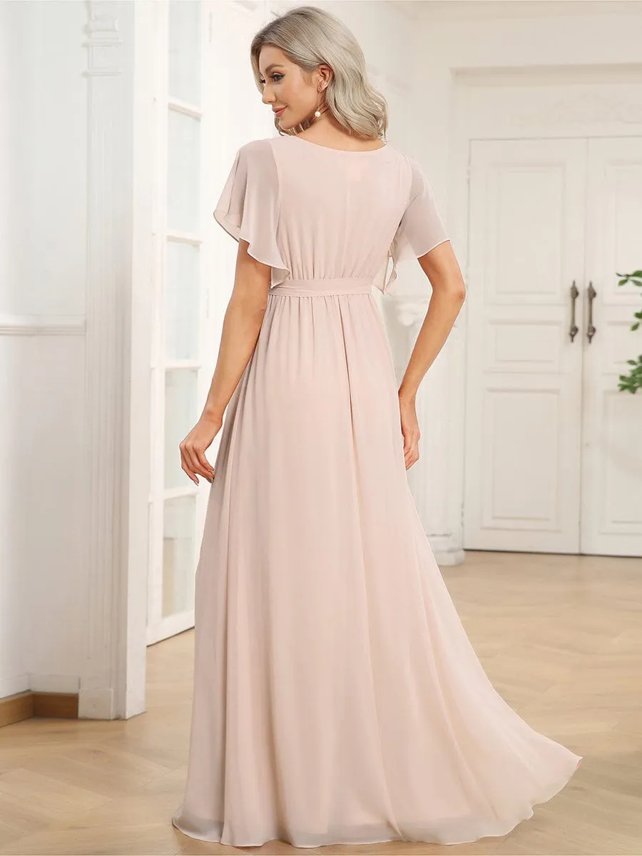V-Neck Flutter Sleeve Floor-Length A-Line Chiffon Evening Dress