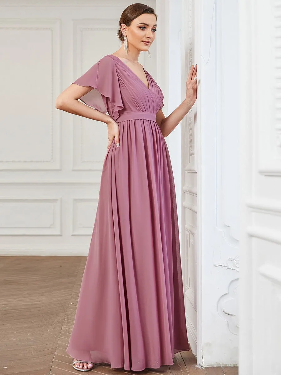 V-Neck Flutter Sleeve Floor-Length A-Line Chiffon Evening Dress
