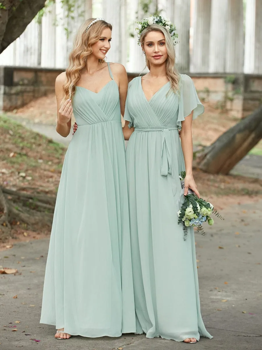 V-Neck Flutter Sleeve Floor-Length A-Line Chiffon Evening Dress