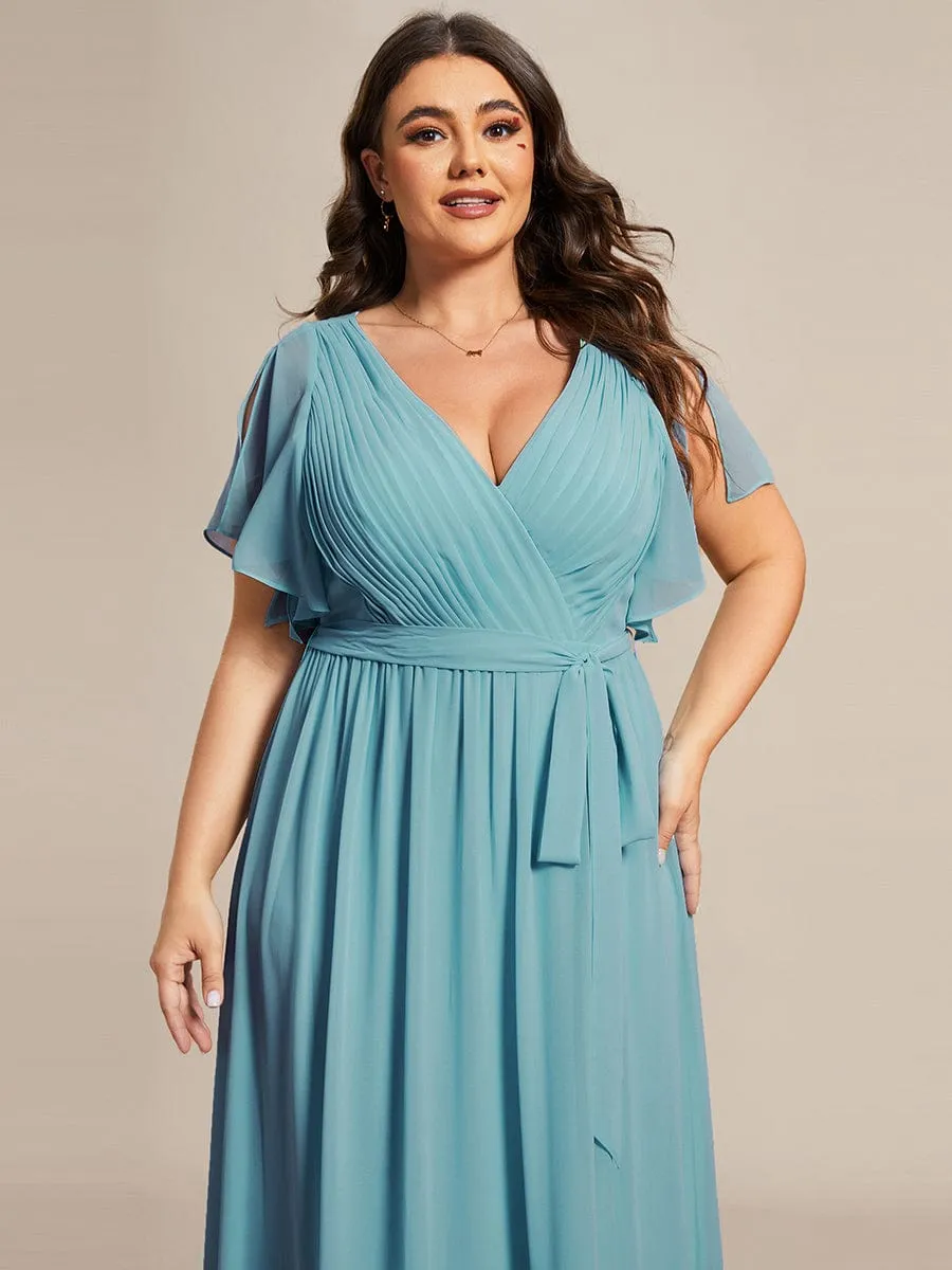 V-Neck Flutter Sleeve Floor-Length A-Line Chiffon Evening Dress