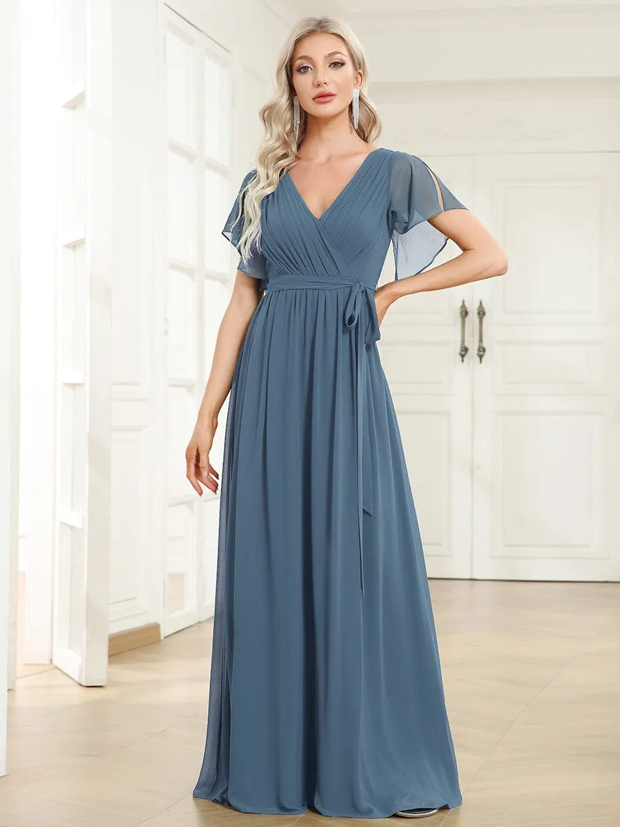 V-Neck Flutter Sleeve Floor-Length A-Line Chiffon Evening Dress