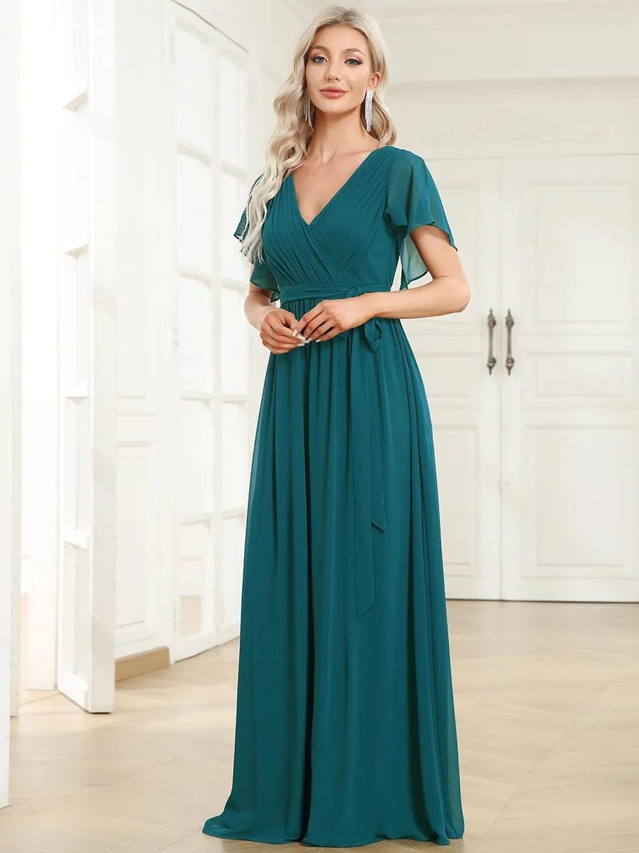 V-Neck Flutter Sleeve Floor-Length A-Line Chiffon Evening Dress