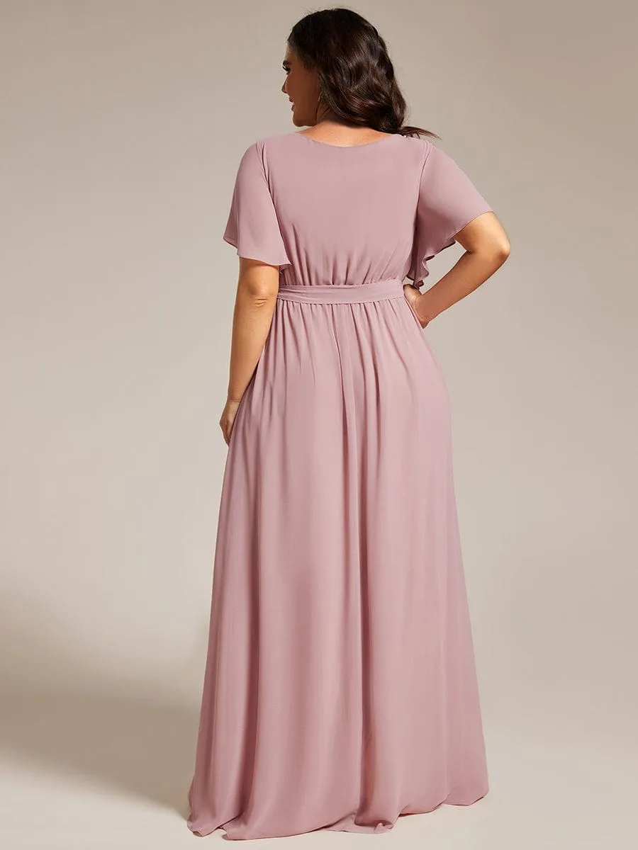 V-Neck Flutter Sleeve Floor-Length A-Line Chiffon Evening Dress