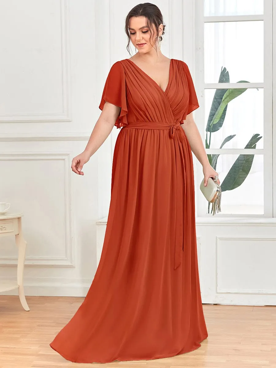 V-Neck Flutter Sleeve Floor-Length A-Line Chiffon Evening Dress