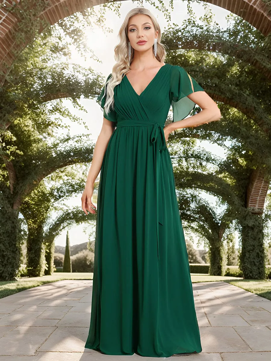 V-Neck Flutter Sleeve Floor-Length A-Line Chiffon Evening Dress