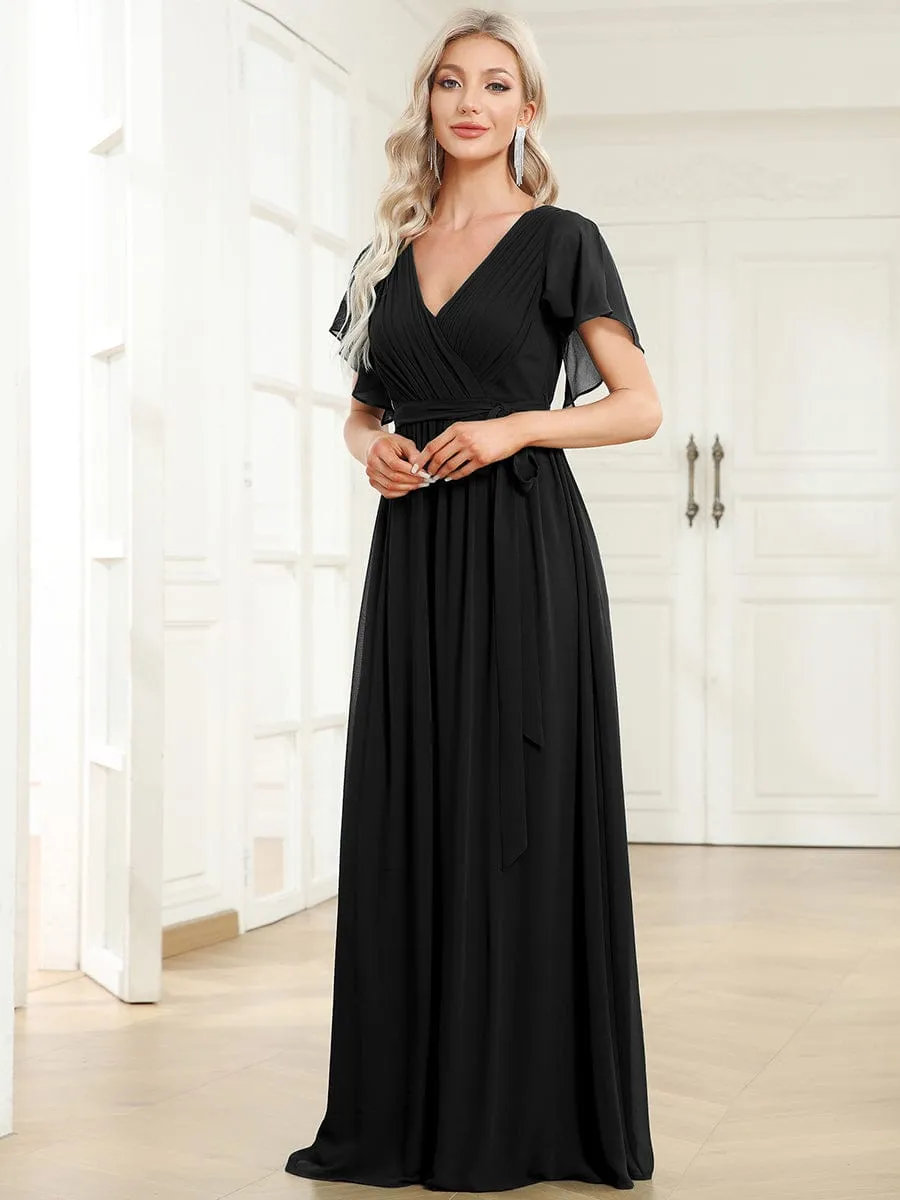 V-Neck Flutter Sleeve Floor-Length A-Line Chiffon Evening Dress