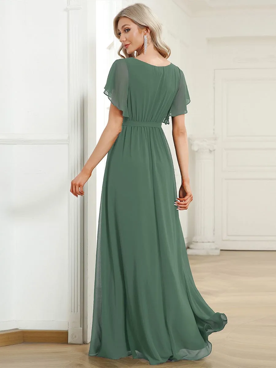 V-Neck Flutter Sleeve Floor-Length A-Line Chiffon Evening Dress