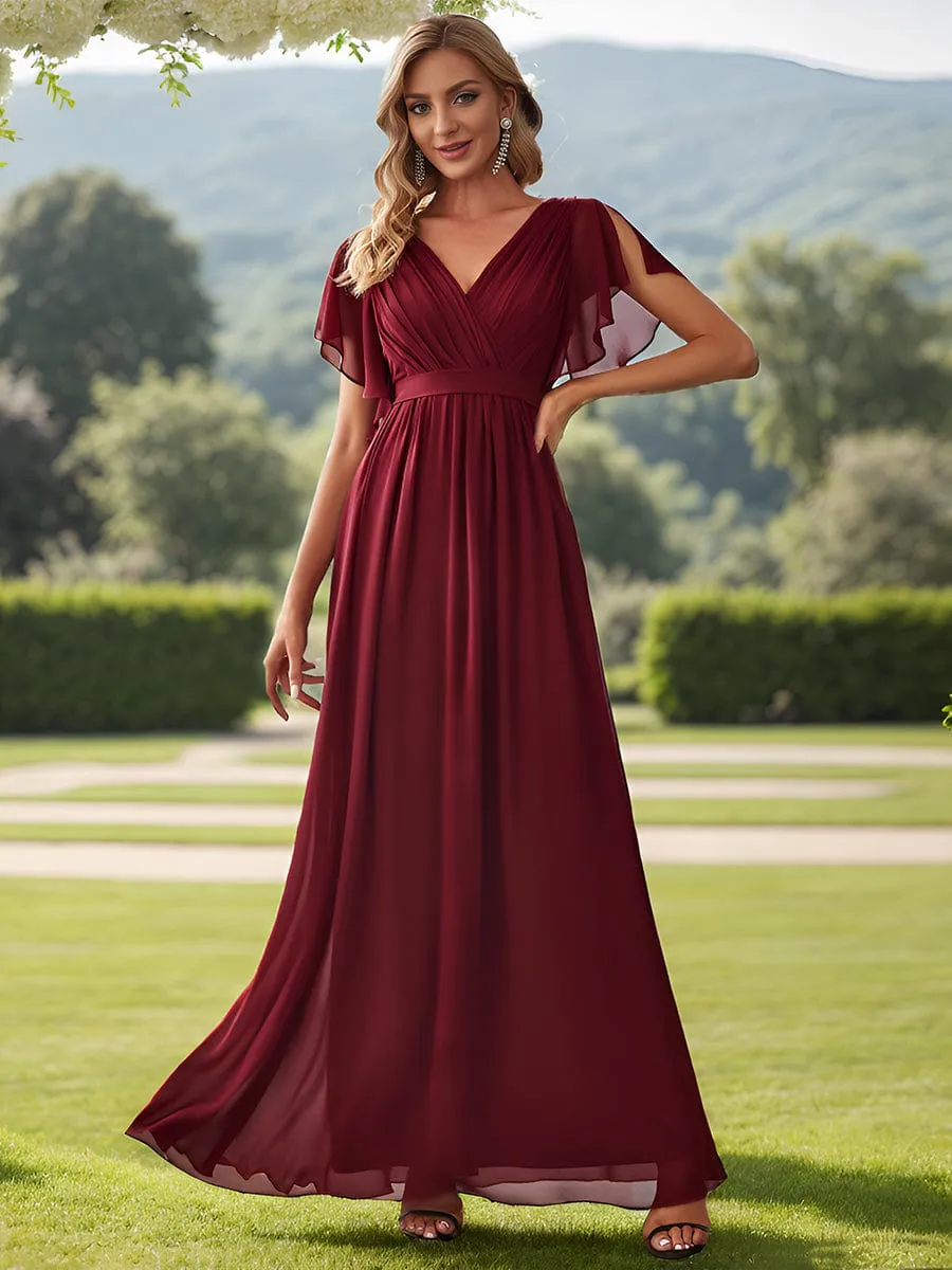 V-Neck Flutter Sleeve Floor-Length A-Line Chiffon Evening Dress
