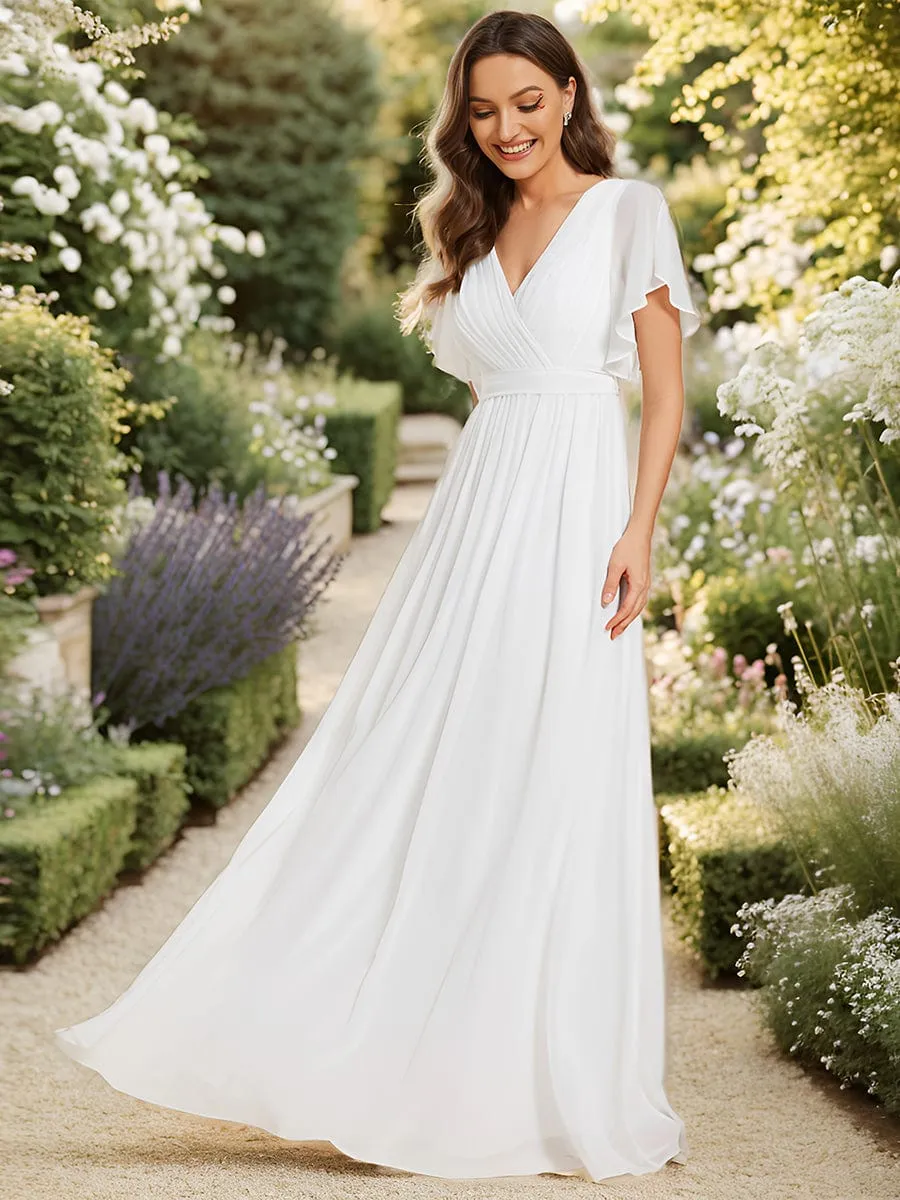 V-Neck Flutter Sleeve Floor-Length A-Line Chiffon Evening Dress