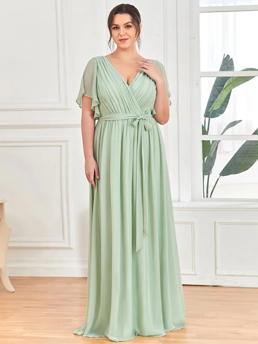 V-Neck Flutter Sleeve Floor-Length A-Line Chiffon Evening Dress