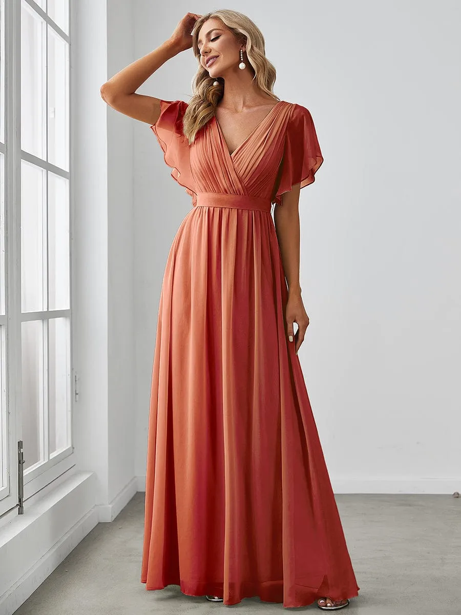 V-Neck Flutter Sleeve Floor-Length A-Line Chiffon Evening Dress