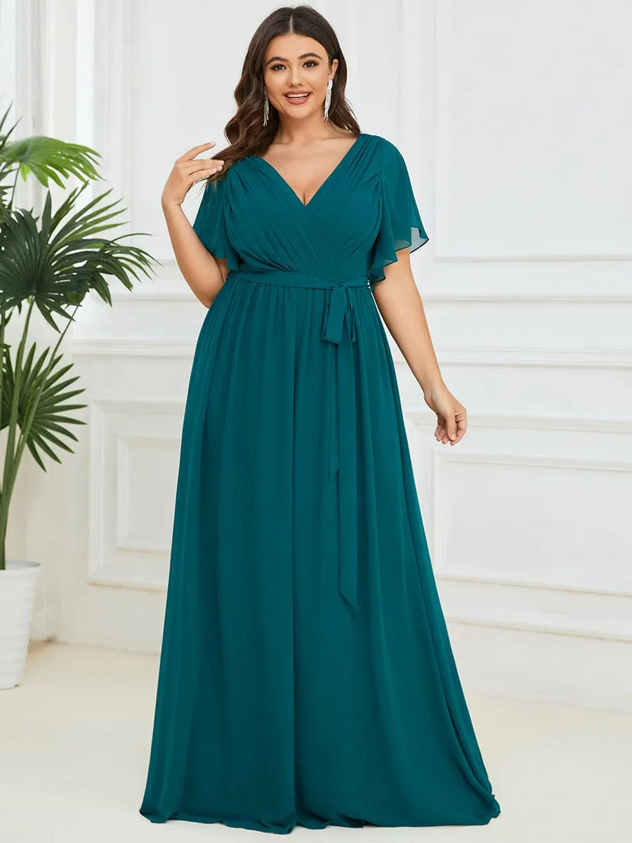 V-Neck Flutter Sleeve Floor-Length A-Line Chiffon Evening Dress