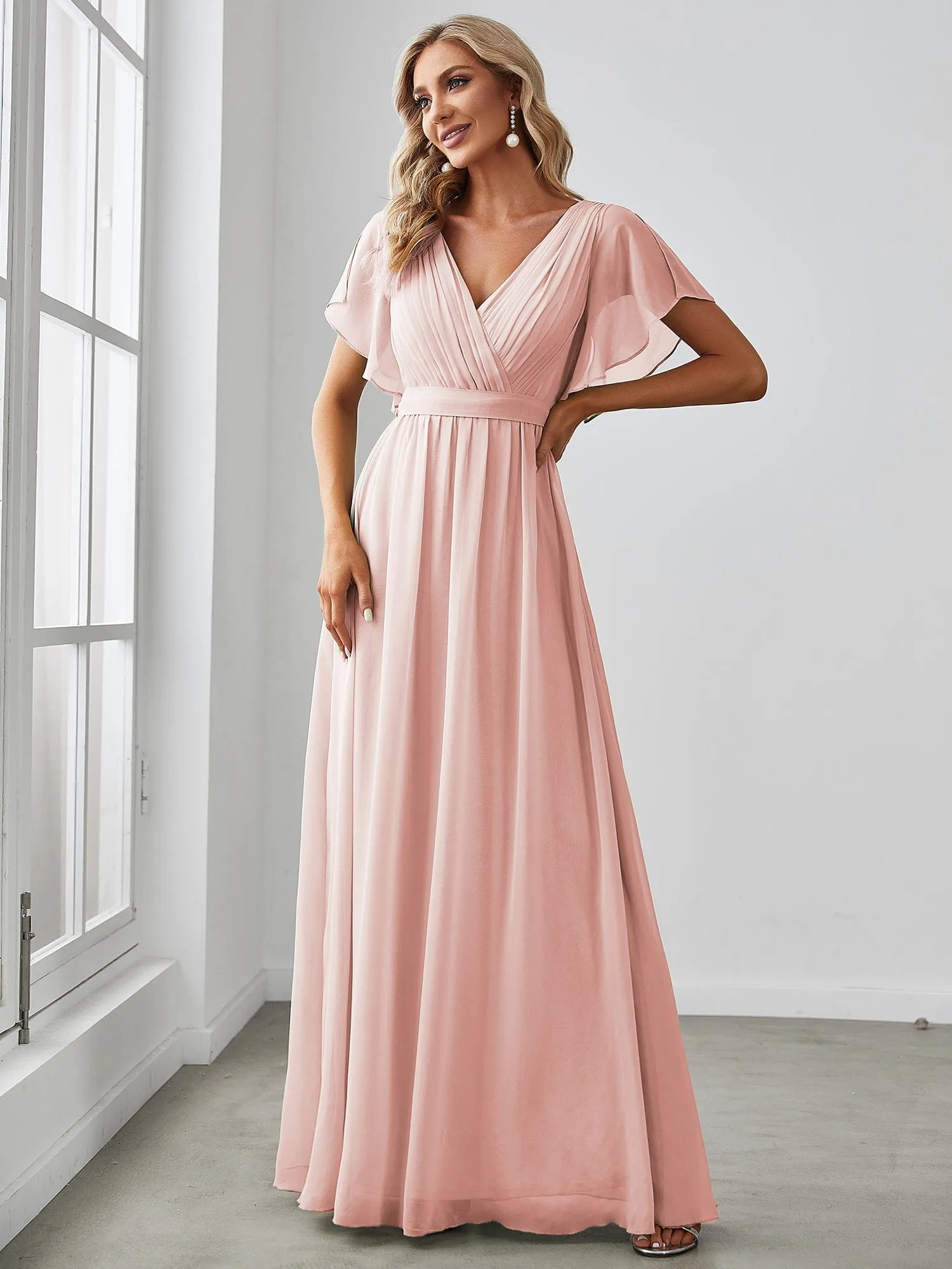 V-Neck Flutter Sleeve Floor-Length A-Line Chiffon Evening Dress