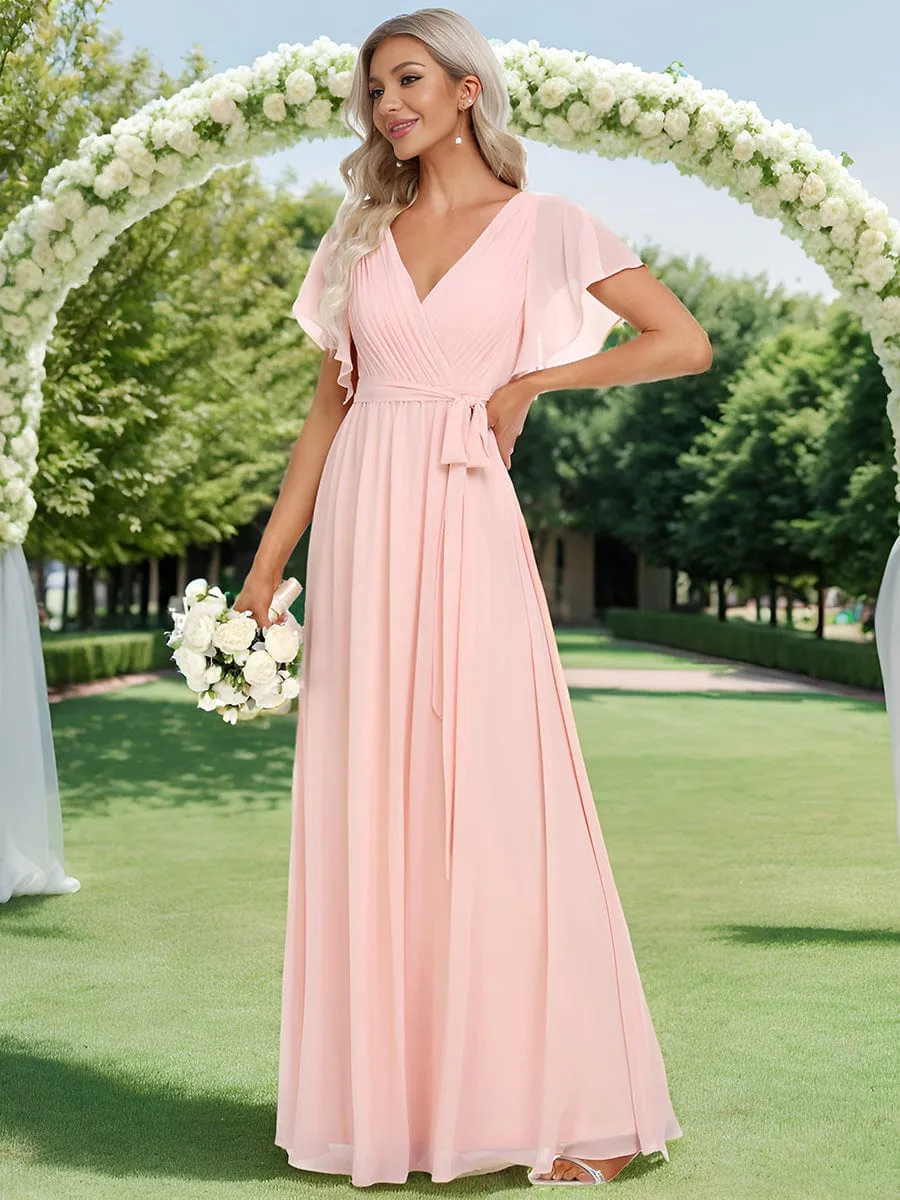 V-Neck Flutter Sleeve Floor-Length A-Line Chiffon Evening Dress