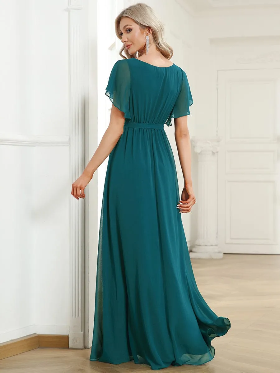 V-Neck Flutter Sleeve Floor-Length A-Line Chiffon Evening Dress