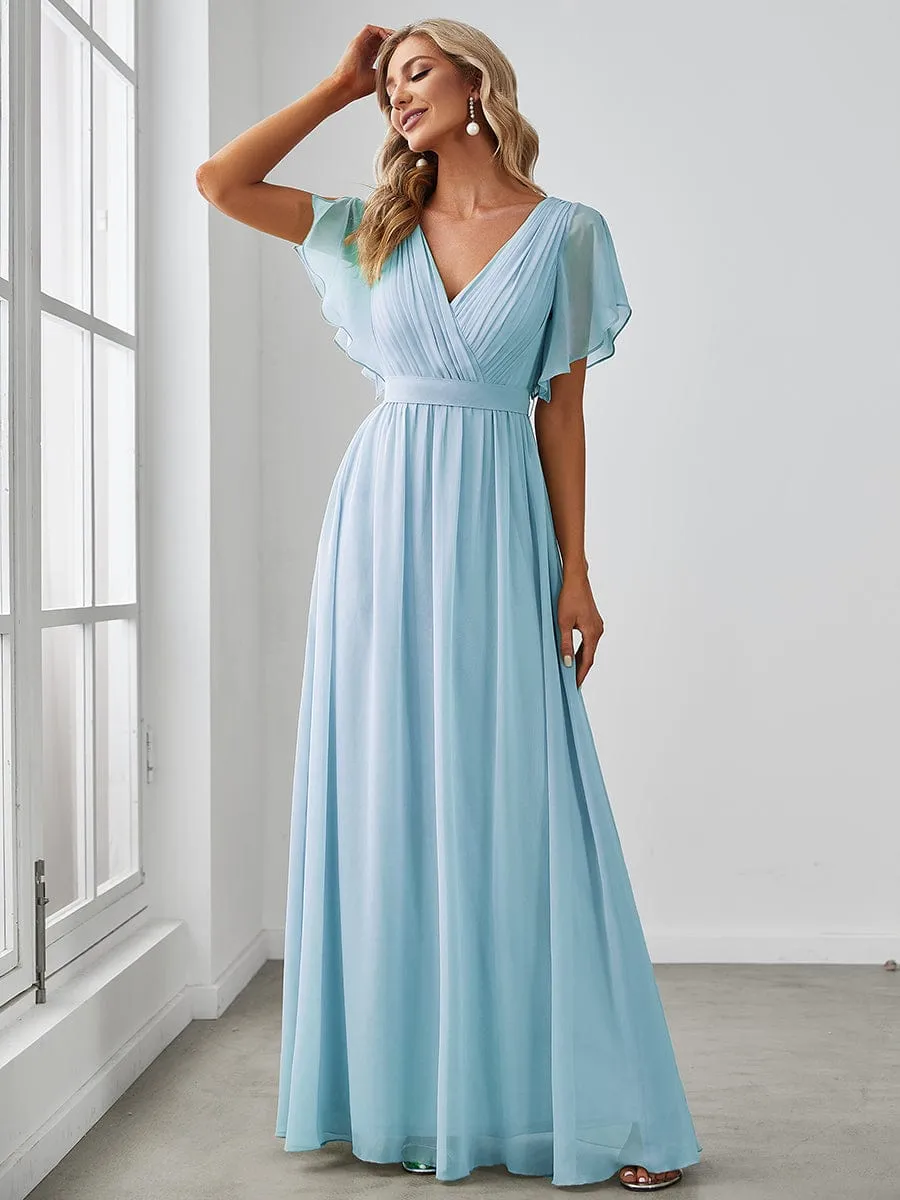 V-Neck Flutter Sleeve Floor-Length A-Line Chiffon Evening Dress