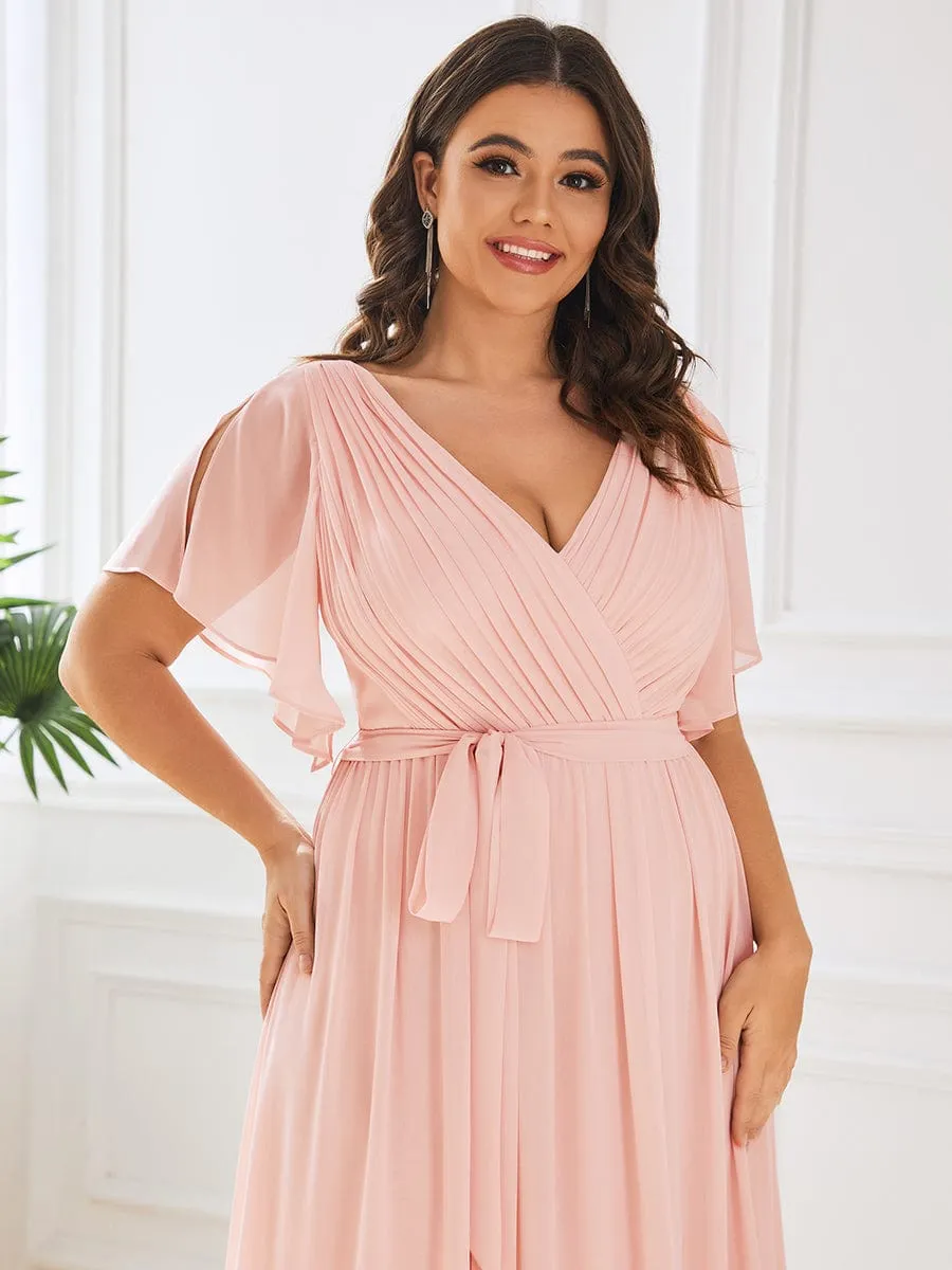 V-Neck Flutter Sleeve Floor-Length A-Line Chiffon Evening Dress