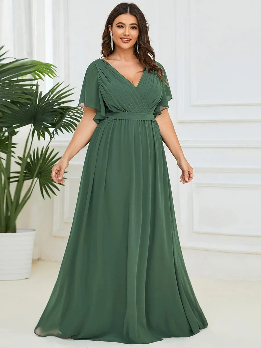 V-Neck Flutter Sleeve Floor-Length A-Line Chiffon Evening Dress
