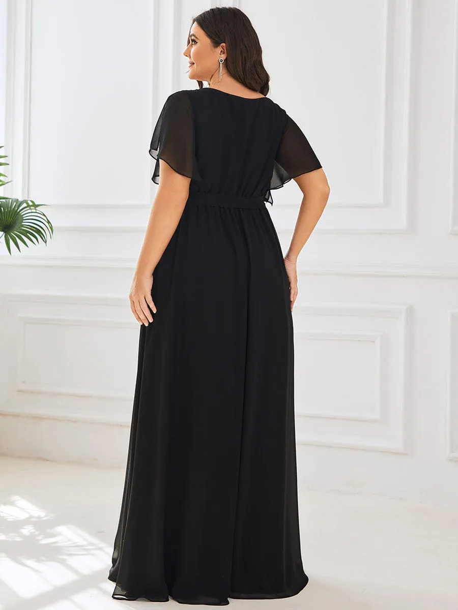 V-Neck Flutter Sleeve Floor-Length A-Line Chiffon Evening Dress