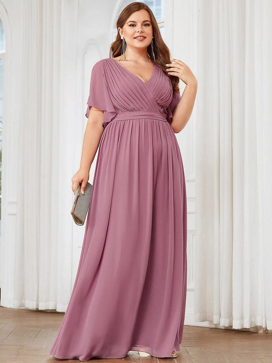 V-Neck Flutter Sleeve Floor-Length A-Line Chiffon Evening Dress