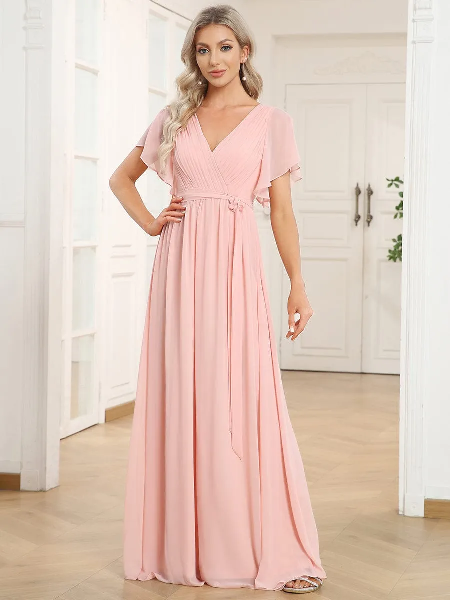 V-Neck Flutter Sleeve Floor-Length A-Line Chiffon Evening Dress