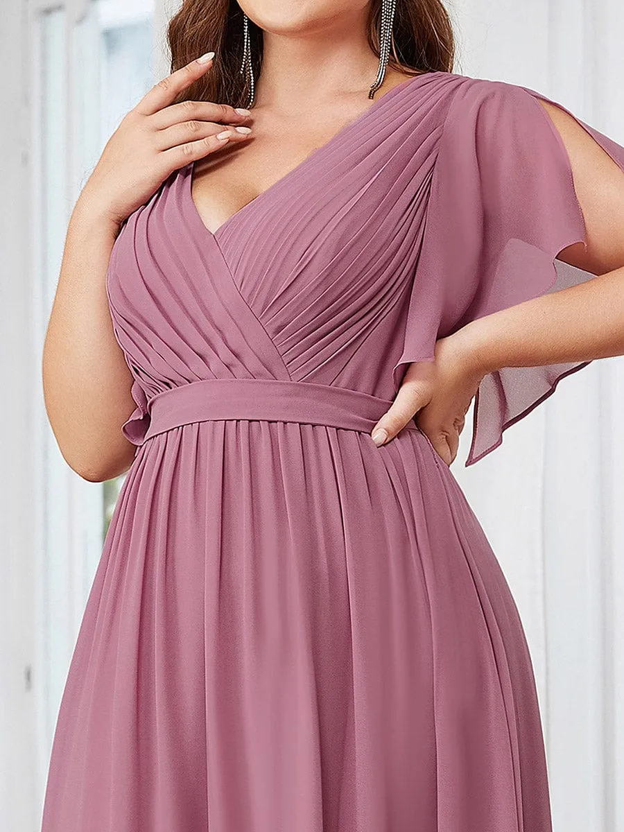 V-Neck Flutter Sleeve Floor-Length A-Line Chiffon Evening Dress