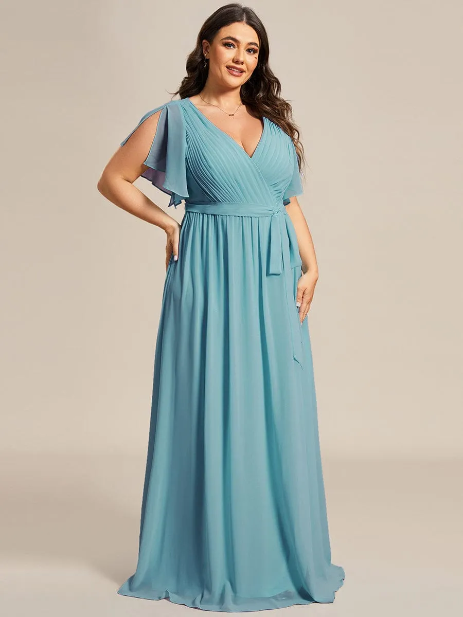 V-Neck Flutter Sleeve Floor-Length A-Line Chiffon Evening Dress