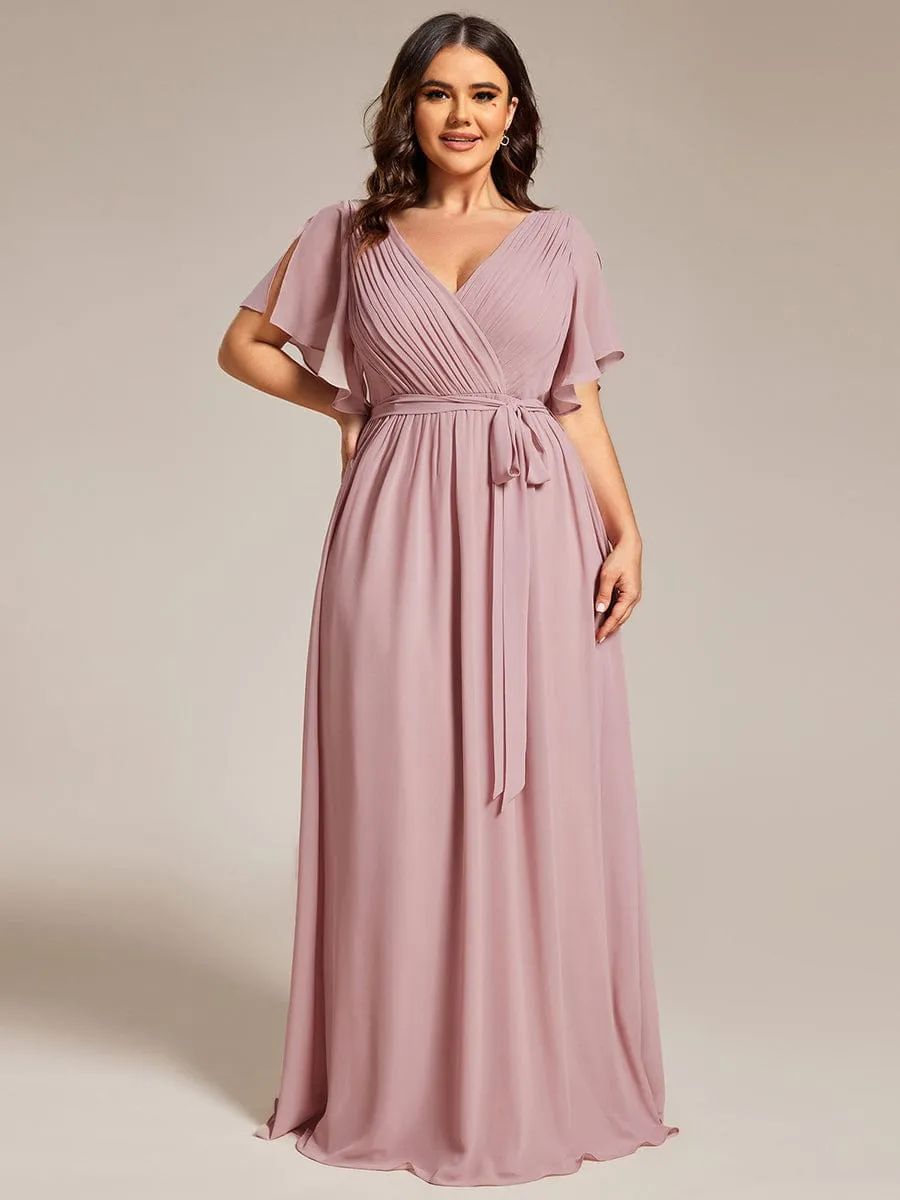 V-Neck Flutter Sleeve Floor-Length A-Line Chiffon Evening Dress