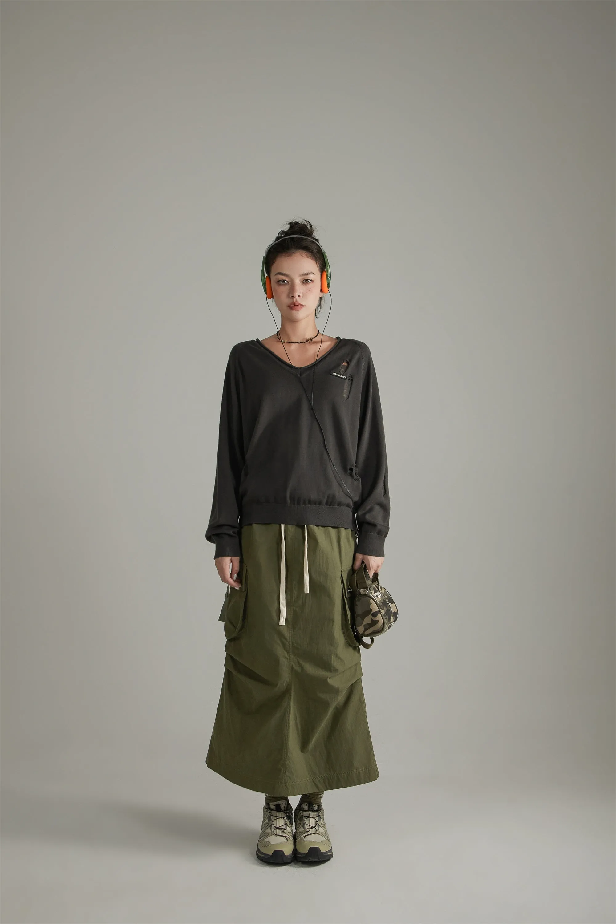 V-Neck Loose Fit Knit Distressed Sweater