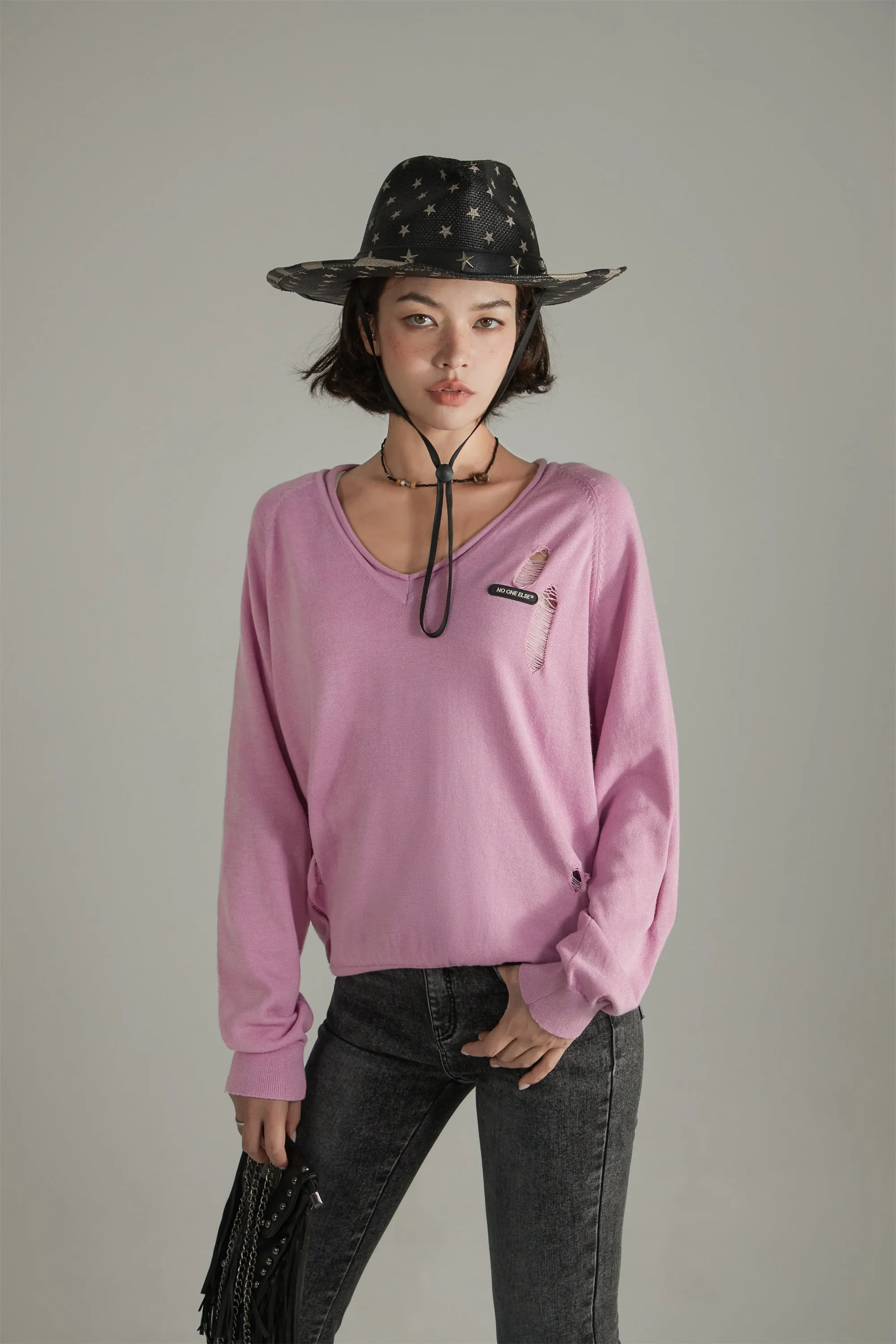 V-Neck Loose Fit Knit Distressed Sweater