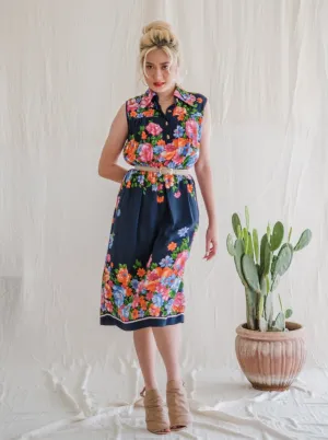 Vintage Chiffon Blue Floral Collared Sleeveless Midi Dress