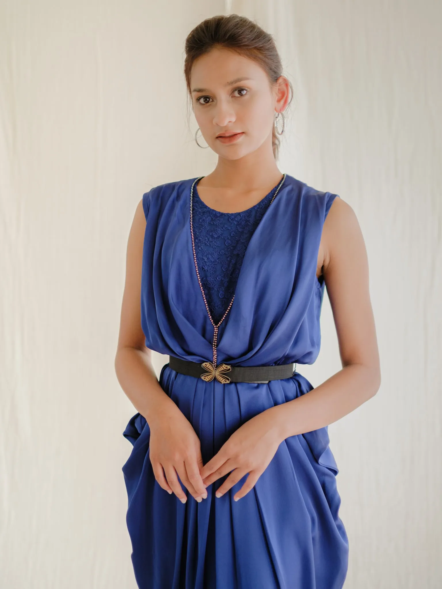 Vintage Chiffon Blue Pleated Balloon Midi Dress