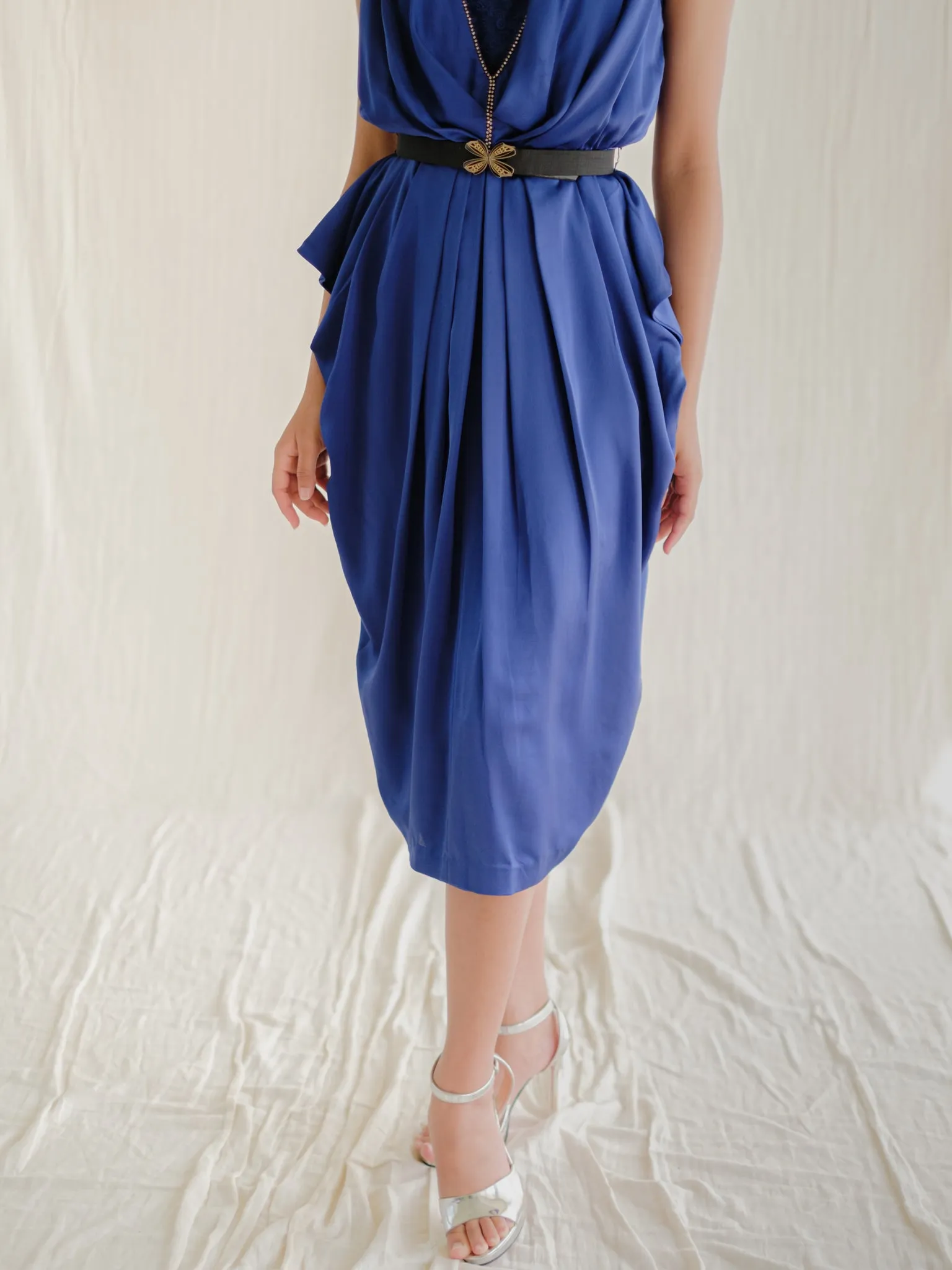Vintage Chiffon Blue Pleated Balloon Midi Dress