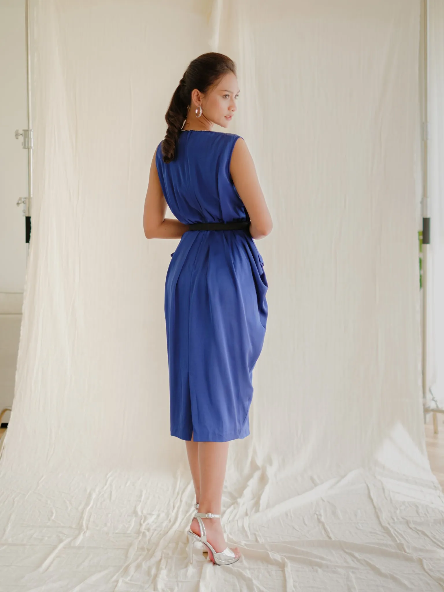 Vintage Chiffon Blue Pleated Balloon Midi Dress