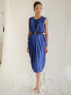 Vintage Chiffon Blue Pleated Balloon Midi Dress
