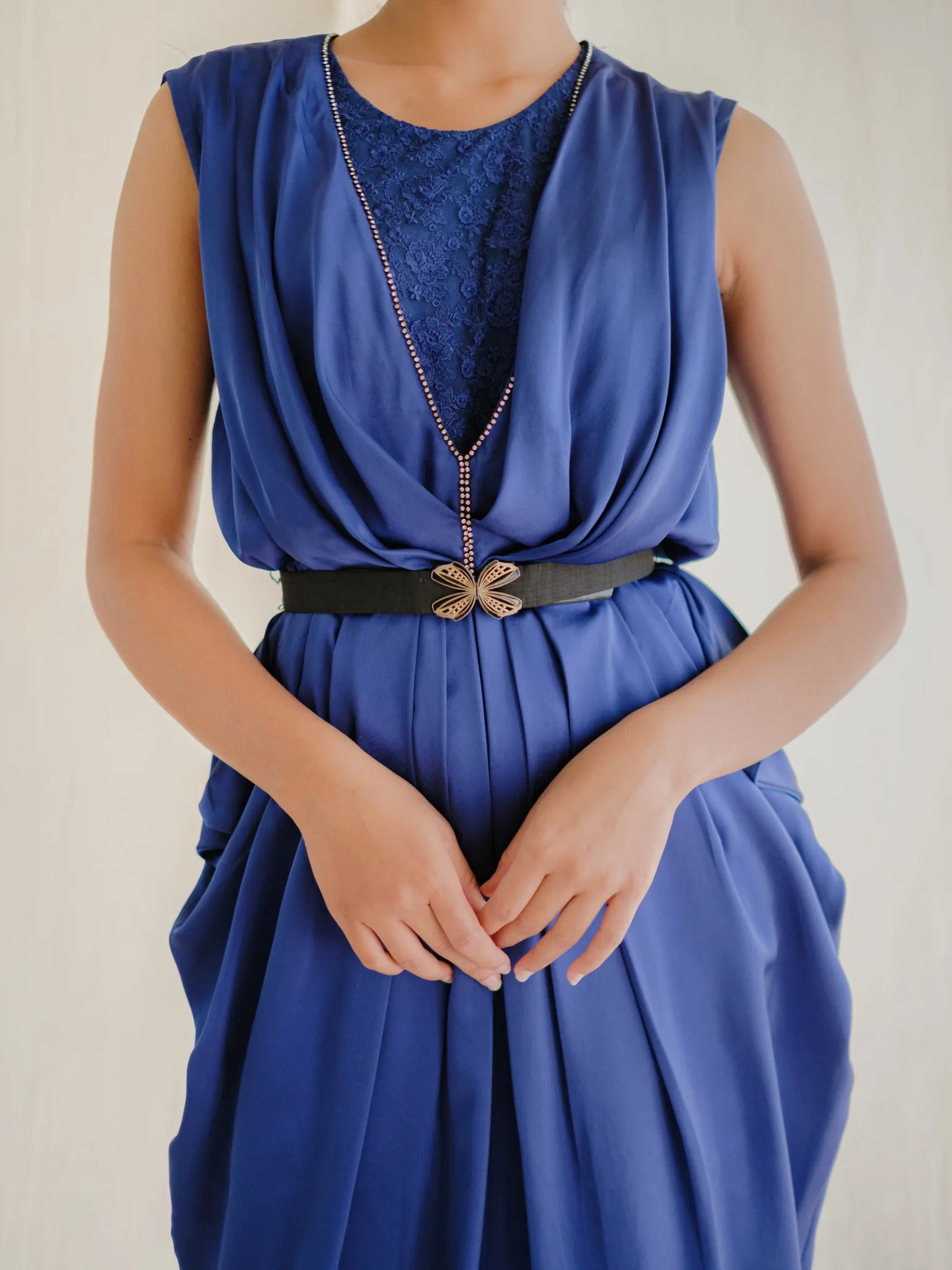 Vintage Chiffon Blue Pleated Balloon Midi Dress