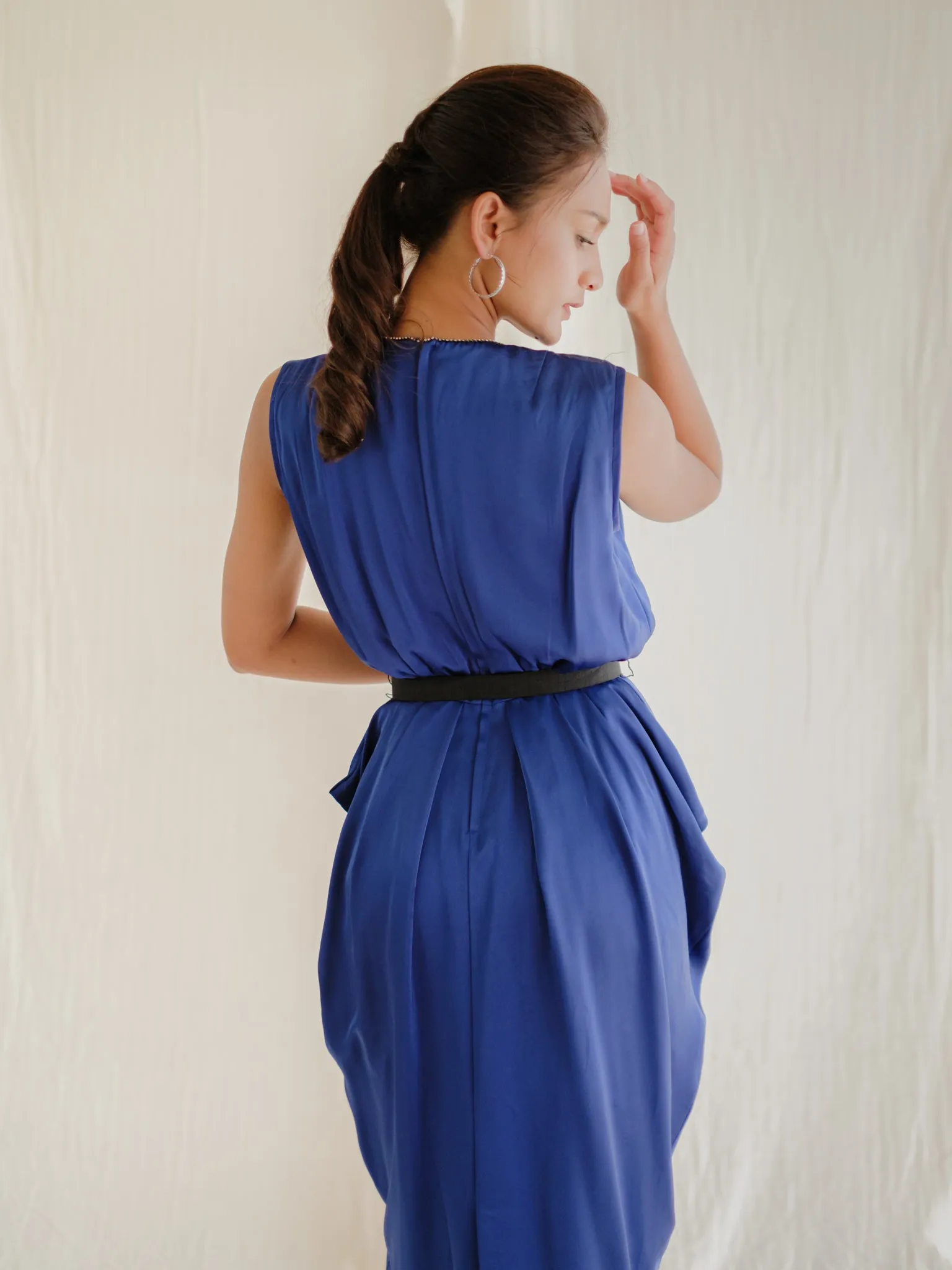 Vintage Chiffon Blue Pleated Balloon Midi Dress