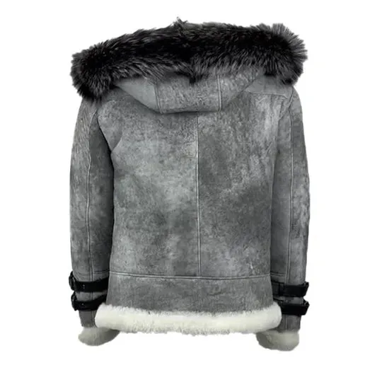 Vintage Distressed Grey Aviator bomber faux shearling jacket with hoodie