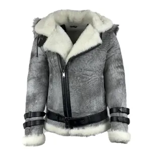 Vintage Distressed Grey Aviator bomber faux shearling jacket with hoodie