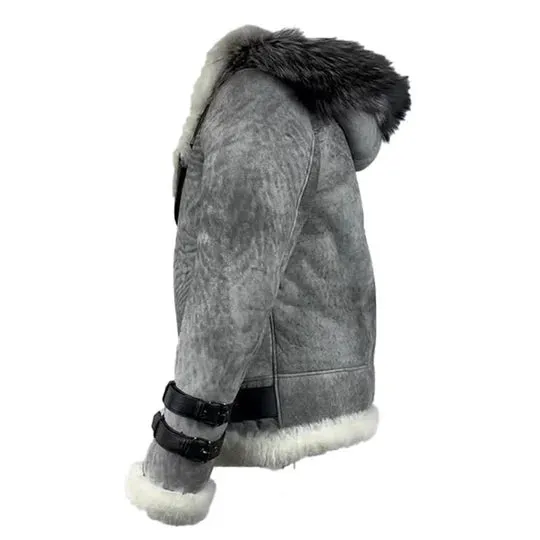 Vintage Distressed Grey Aviator bomber faux shearling jacket with hoodie