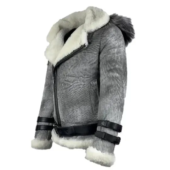 Vintage Distressed Grey Aviator bomber faux shearling jacket with hoodie