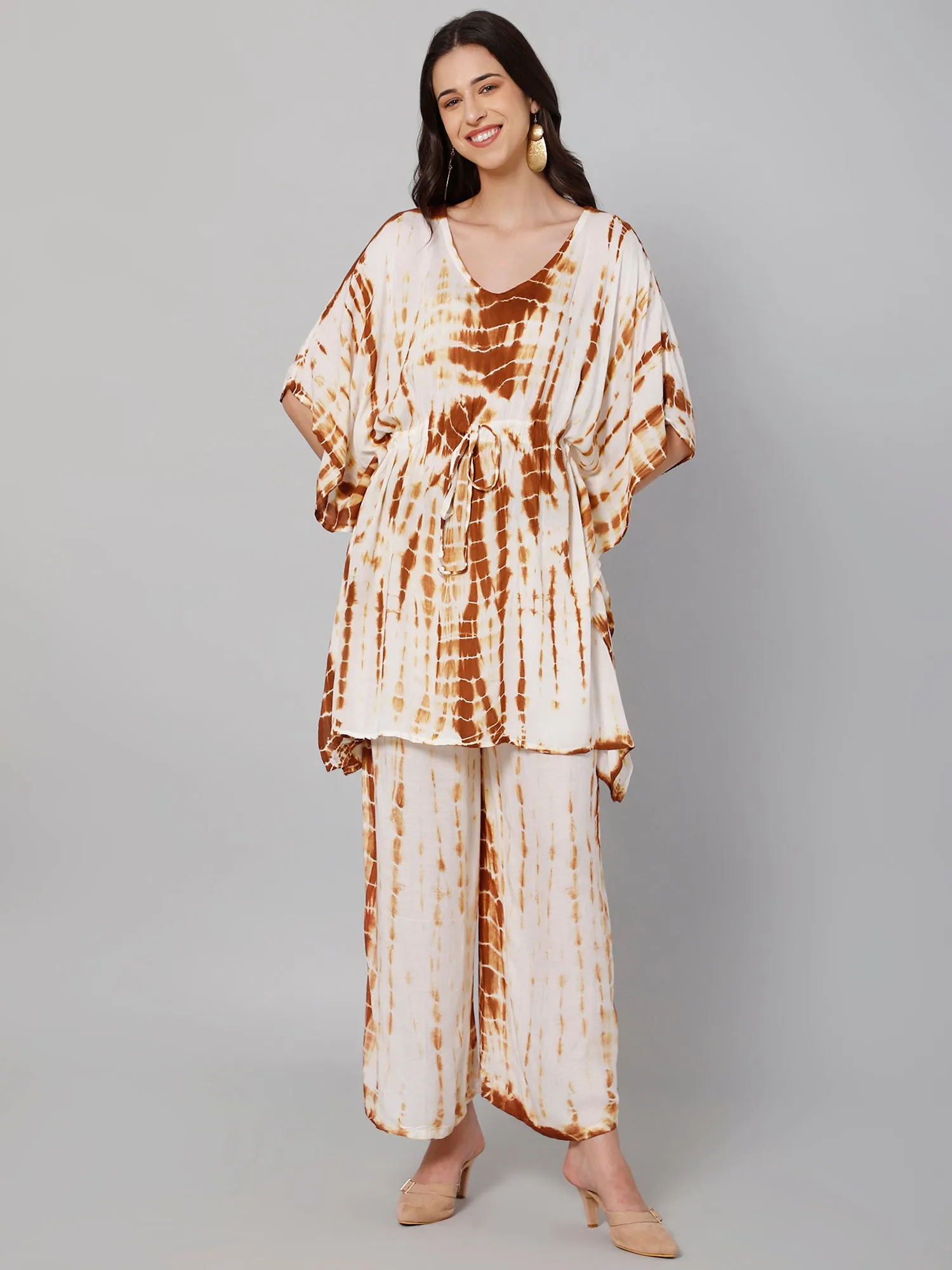 White & brown tie and dye print viscose free size kaftan and palazzo set
