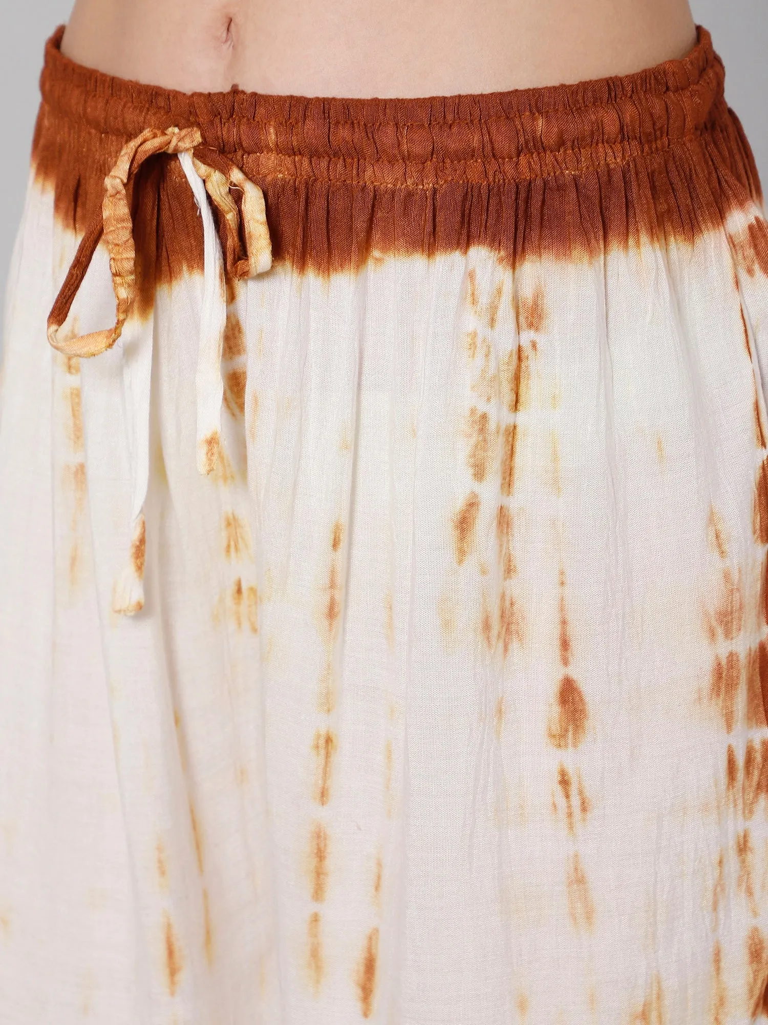 White & brown tie and dye print viscose free size kaftan and palazzo set