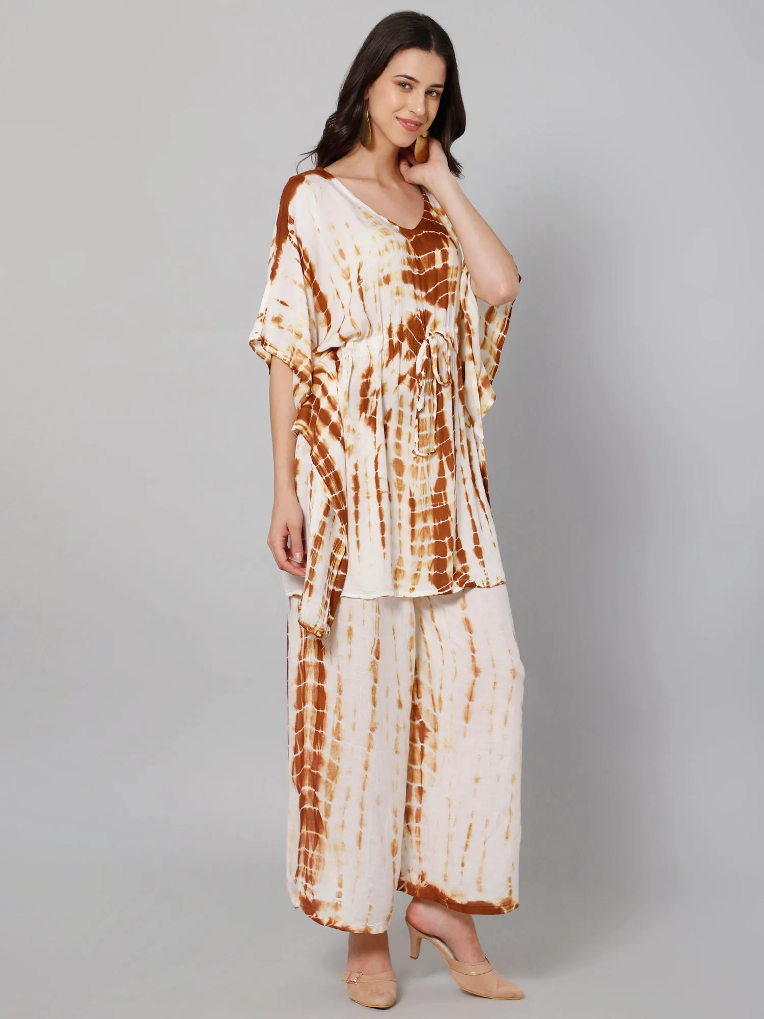 White & brown tie and dye print viscose free size kaftan and palazzo set