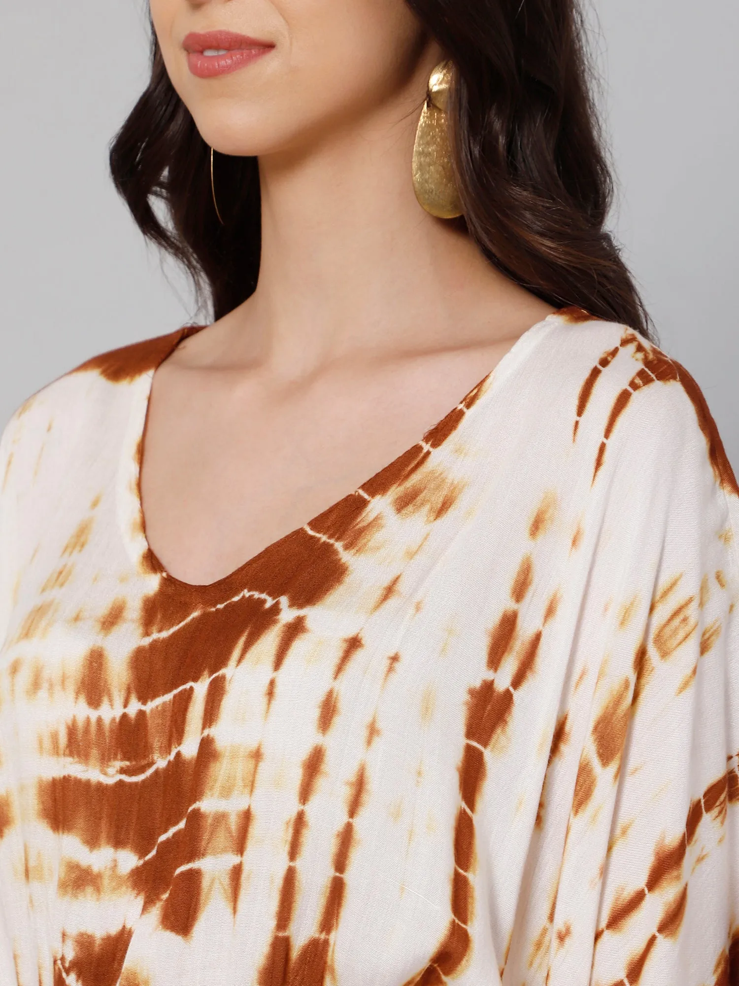 White & brown tie and dye print viscose free size kaftan and palazzo set