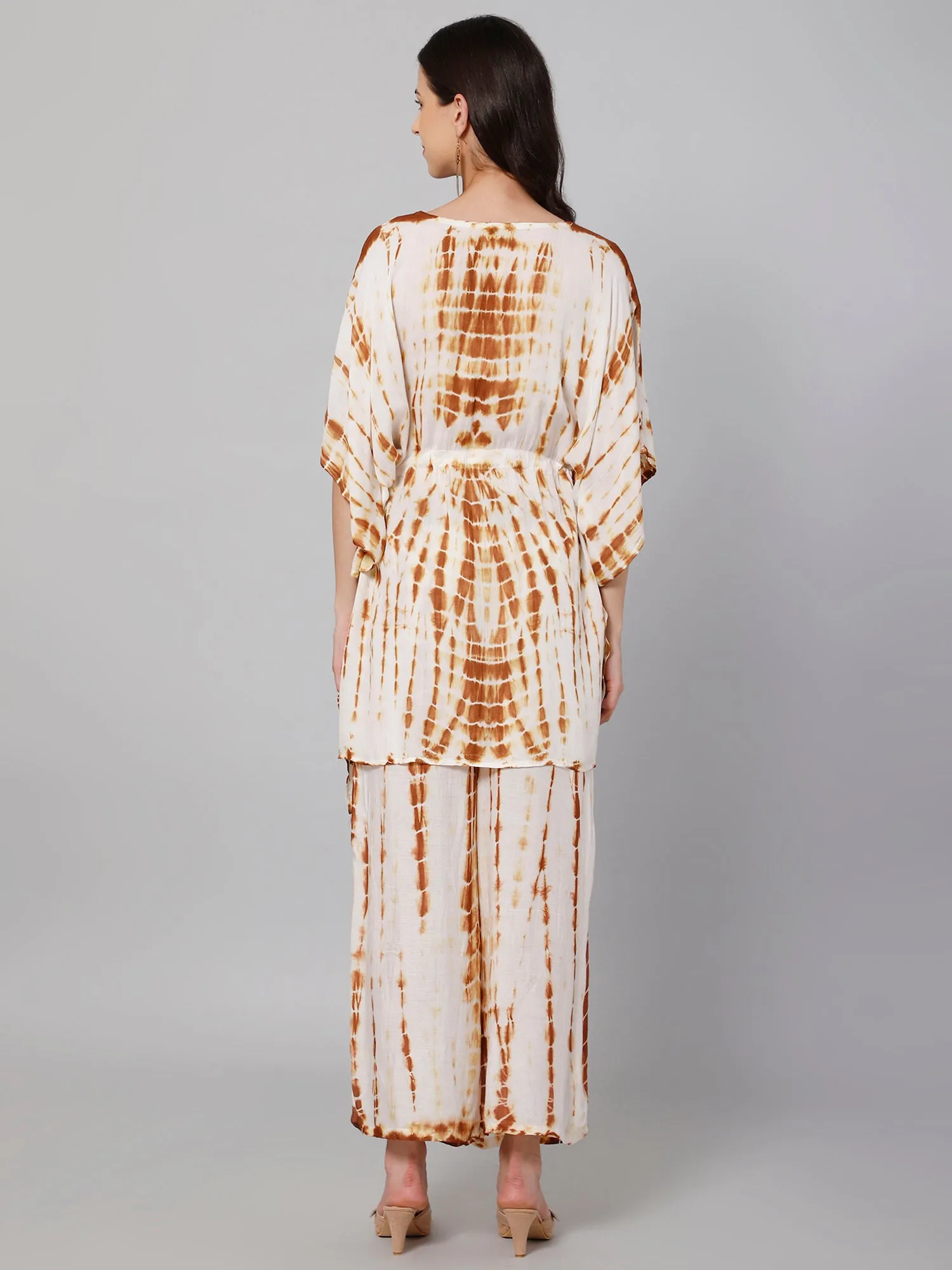 White & brown tie and dye print viscose free size kaftan and palazzo set